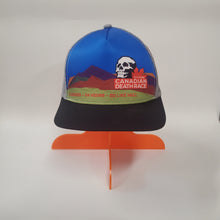 Load image into Gallery viewer, 2024 Canadian Death Race Ponytail Trucker Hat w/ Mountainscape Classic (Blue Mountains &amp; Grey) - Unisex
