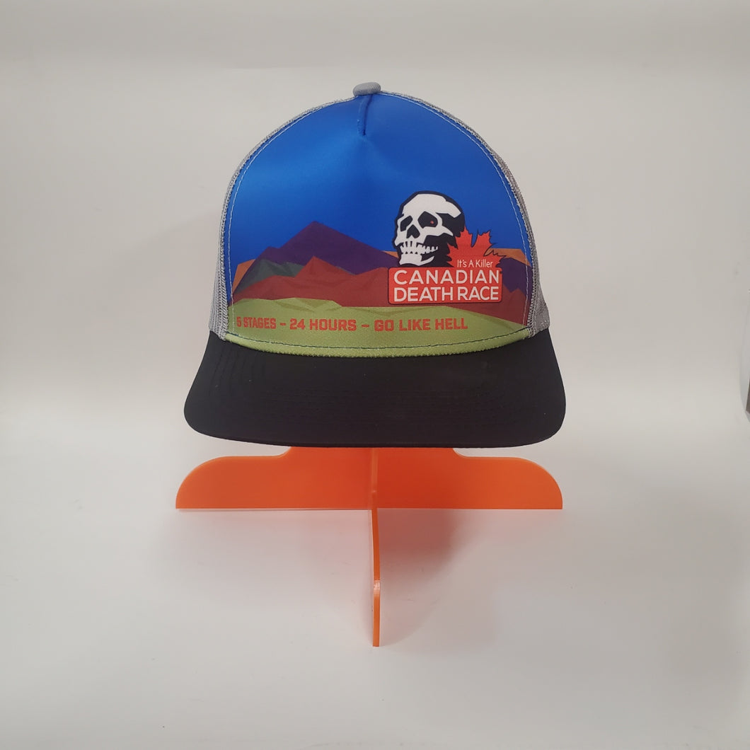 2024 Canadian Death Race Ponytail Trucker Hat w/ Mountainscape Classic (Blue Mountains & Grey) - Unisex