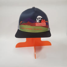 Load image into Gallery viewer, 2024 Canadian Death Race Trucker Hat w/ Mountainscape Classic (Navy Mountains &amp; Grey) - Unisex
